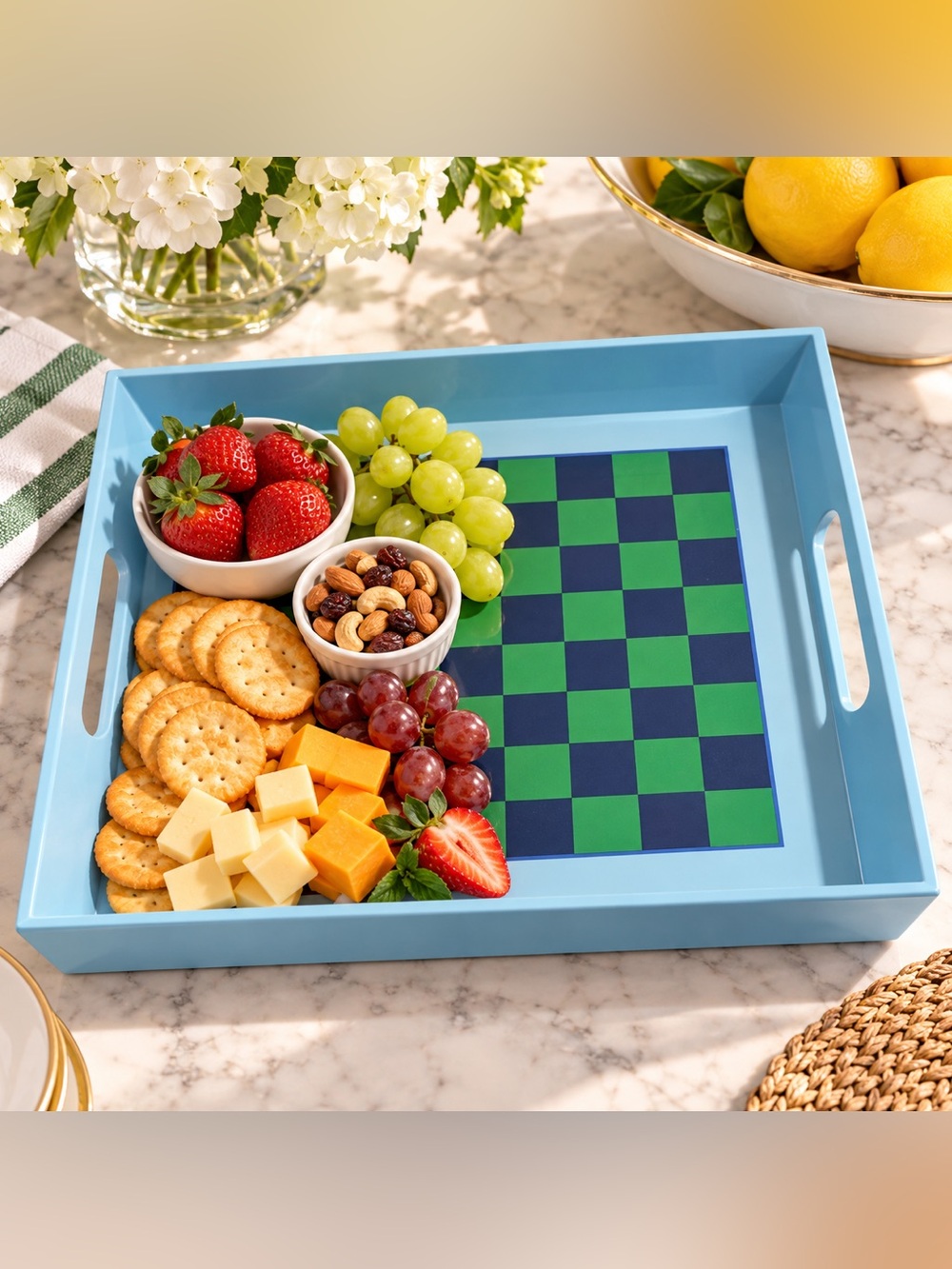 Kate Spade Aqua Blue Checkerboard Serving Tray NWT